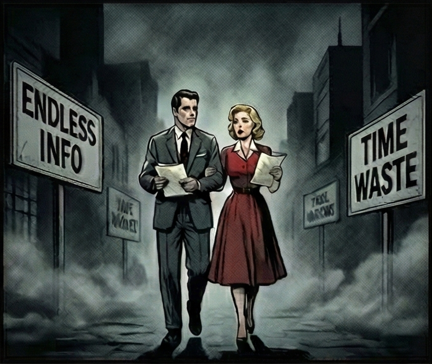 大量の資料に囲まれ、頭を抱える夫婦のコミックイラスト