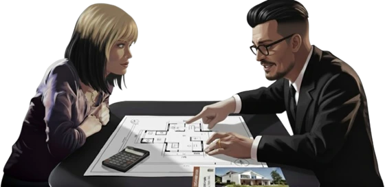 AIコンサルタントが住宅設計図を説明するイラスト